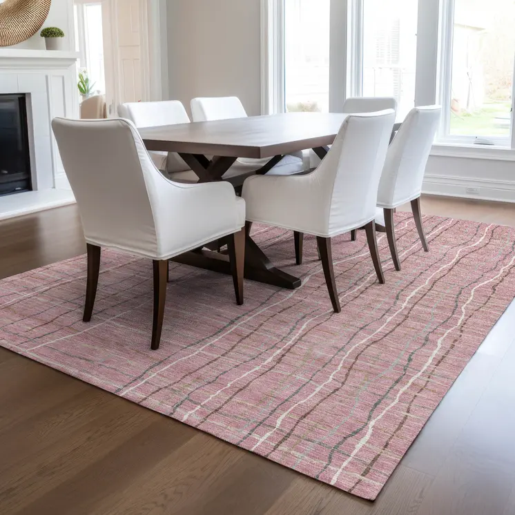 8' X 10' Pink Ivory And Gray Striped Washable Indoor Outdoor Area Rug