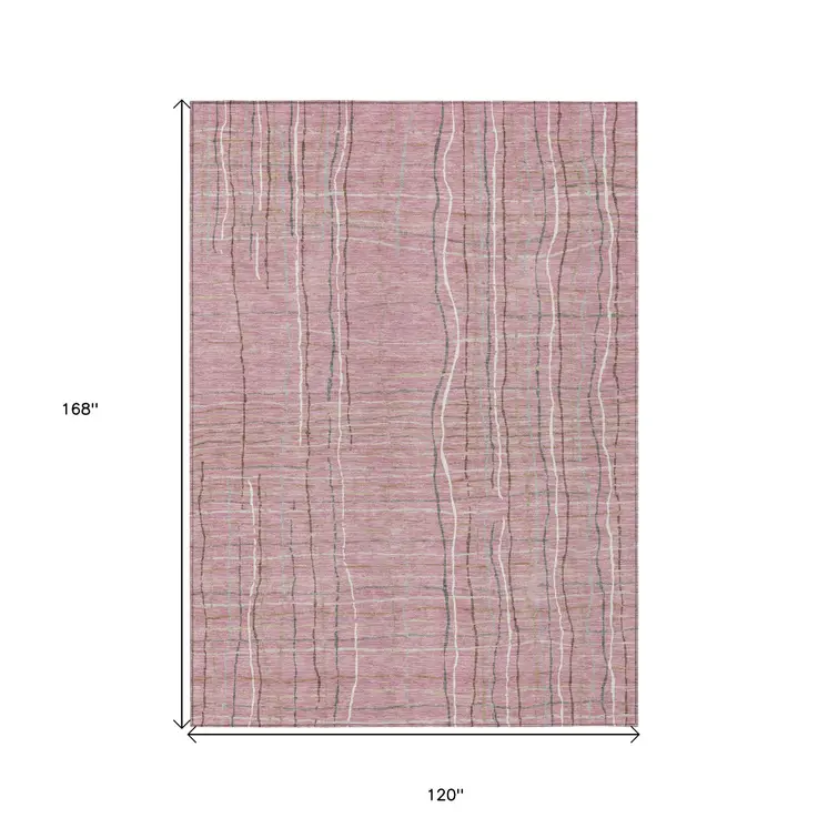 10' X 14' Pink Ivory And Gray Striped Washable Indoor Outdoor Area Rug