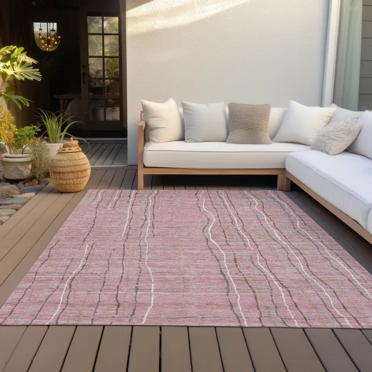 10' X 14' Pink Ivory And Gray Striped Washable Indoor Outdoor Area Rug