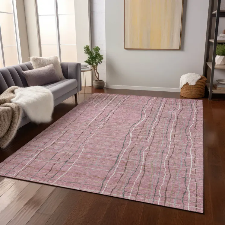 10' X 14' Pink Ivory And Gray Striped Washable Indoor Outdoor Area Rug
