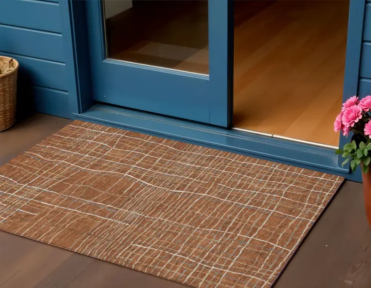 3' X 5' Brown Copper And Gray Striped Washable Indoor Outdoor Area Rug