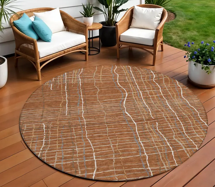 8' Brown Copper And Gray Round Striped Washable Indoor Outdoor Area Rug