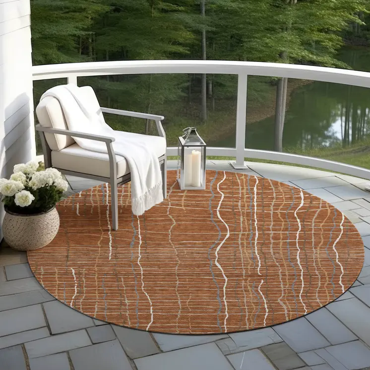 8' Brown Copper And Gray Round Striped Washable Indoor Outdoor Area Rug