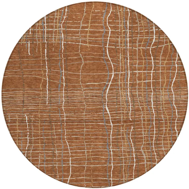 8' Brown Copper And Gray Round Striped Washable Indoor Outdoor Area Rug