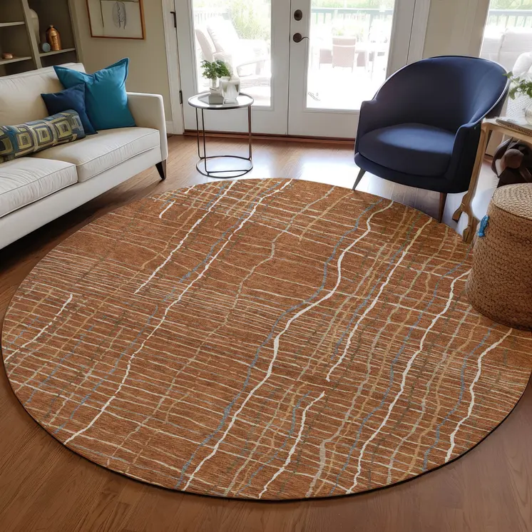 8' Brown Copper And Gray Round Striped Washable Indoor Outdoor Area Rug