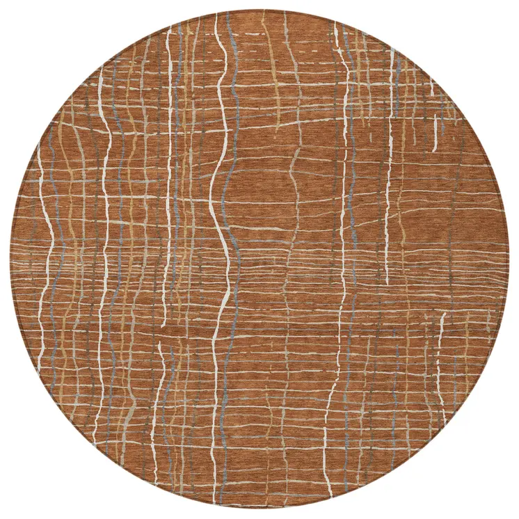 8' Brown Copper And Gray Round Striped Washable Indoor Outdoor Area Rug