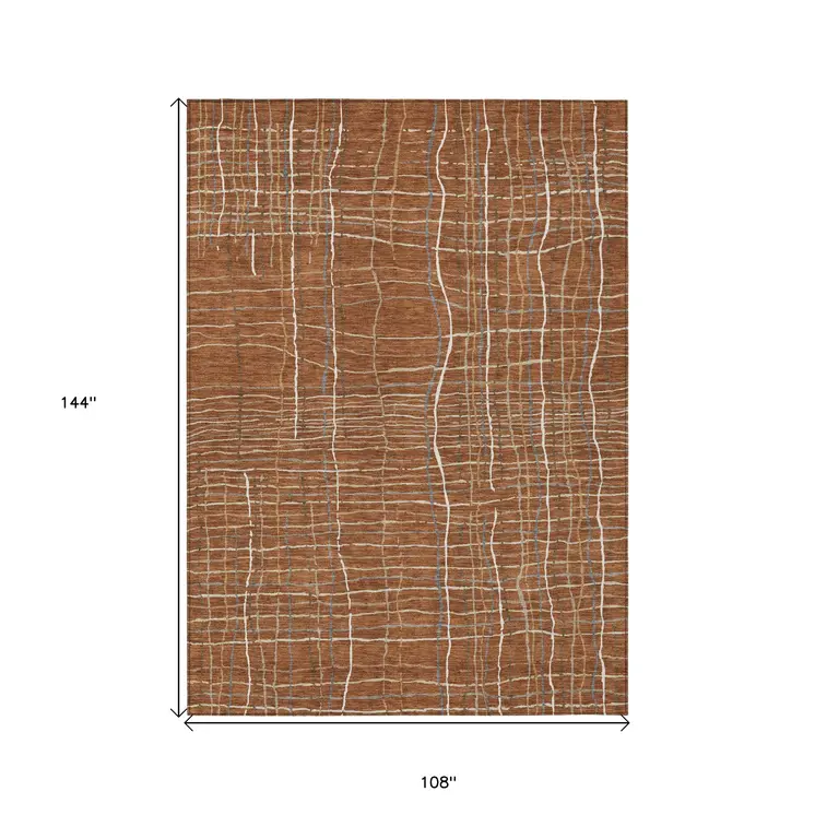 9' X 12' Brown Copper And Gray Striped Washable Indoor Outdoor Area Rug