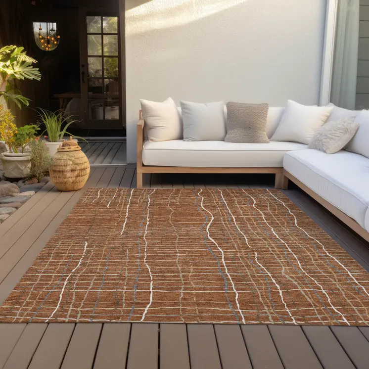 9' X 12' Brown Copper And Gray Striped Washable Indoor Outdoor Area Rug
