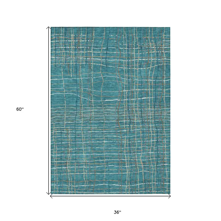 3' X 5' Teal Blue Gray And Brown Striped Washable Indoor Outdoor Area Rug