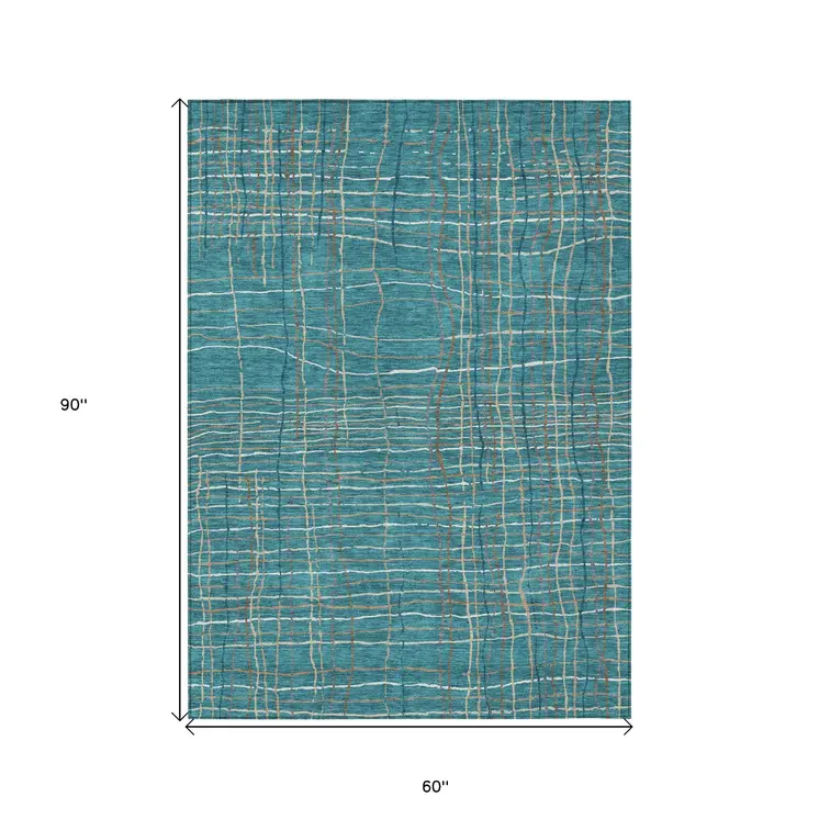 5' X 8' Teal Blue Gray And Brown Striped Washable Indoor Outdoor Area Rug