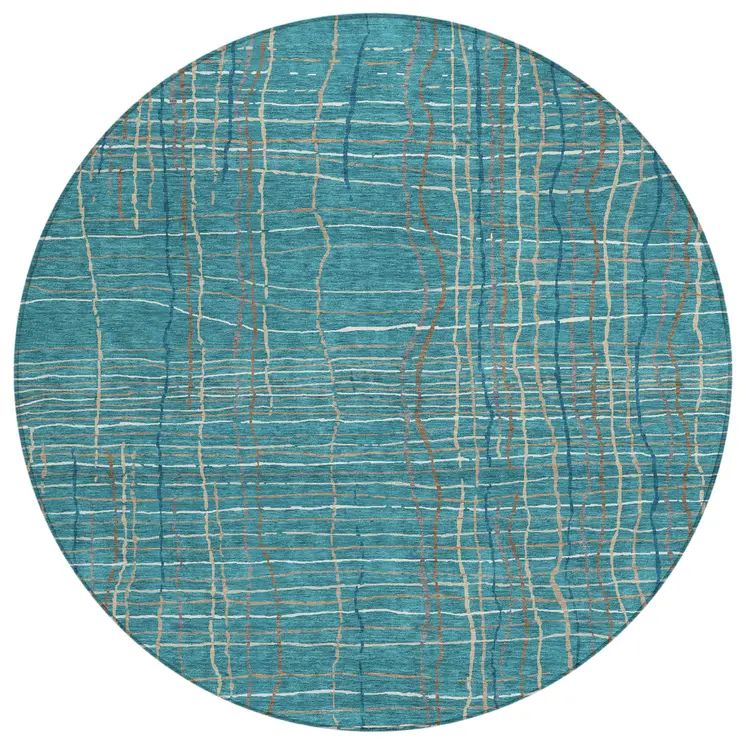 8' Teal Blue Gray And Brown Round Striped Washable Indoor Outdoor Area Rug