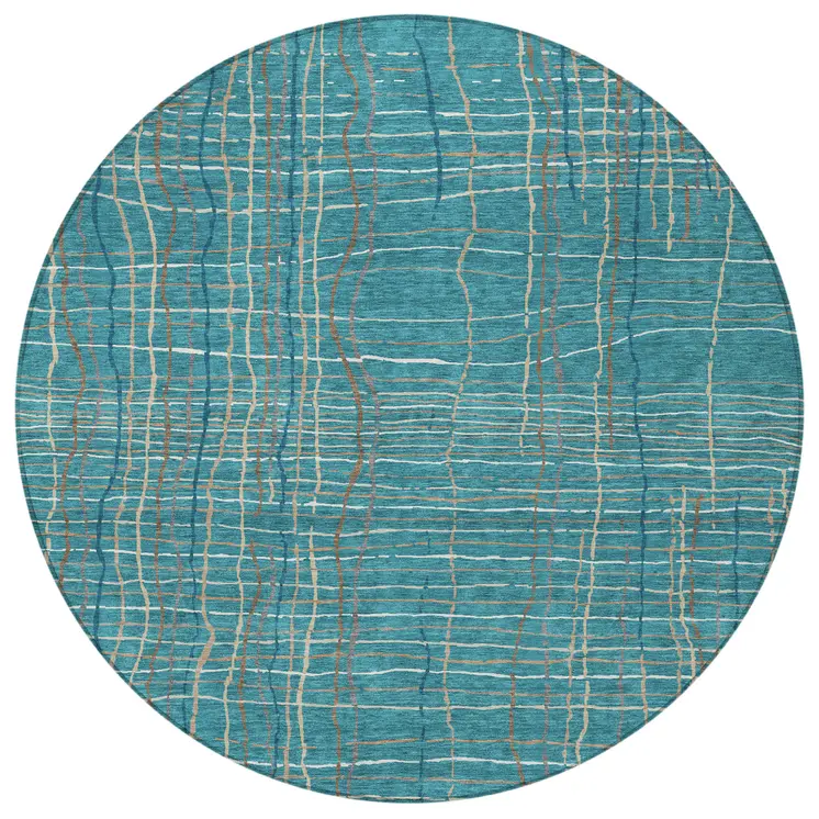 8' Teal Blue Gray And Brown Round Striped Washable Indoor Outdoor Area Rug