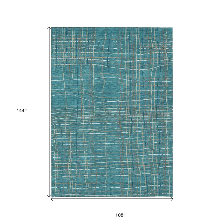 9' X 12' Teal Blue Gray And Brown Striped Washable Indoor Outdoor Area Rug