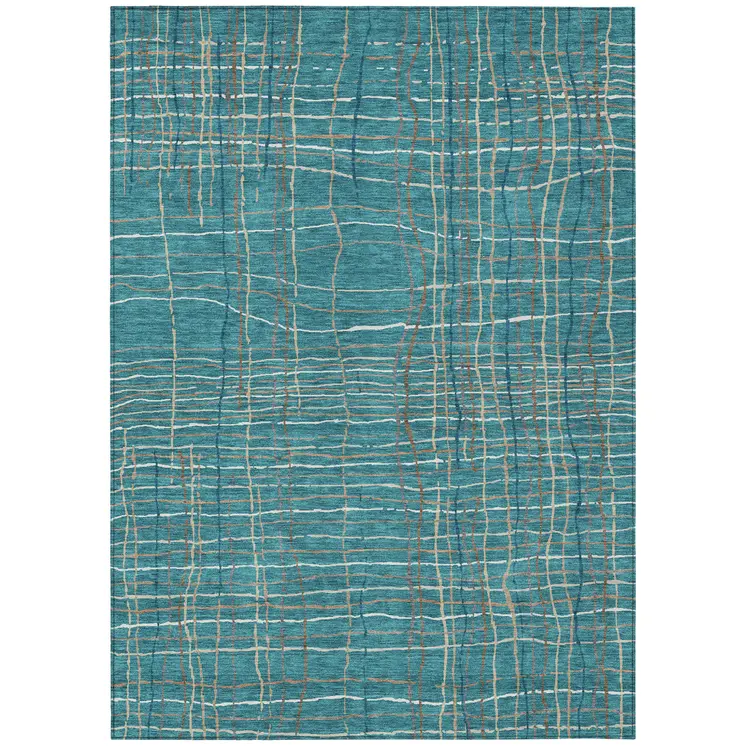 9' X 12' Teal Blue Gray And Brown Striped Washable Indoor Outdoor Area Rug