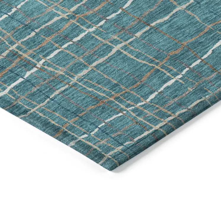 9' X 12' Teal Blue Gray And Brown Striped Washable Indoor Outdoor Area Rug