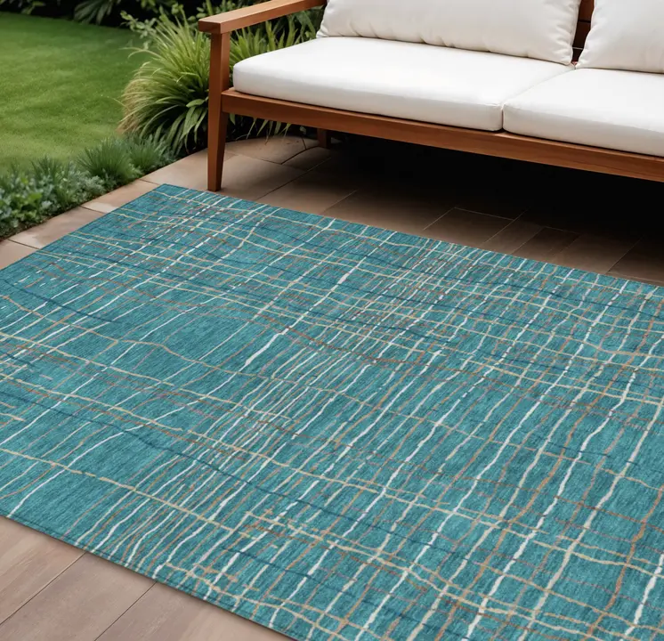 10' X 14' Teal Blue Gray And Brown Striped Washable Indoor Outdoor Area Rug