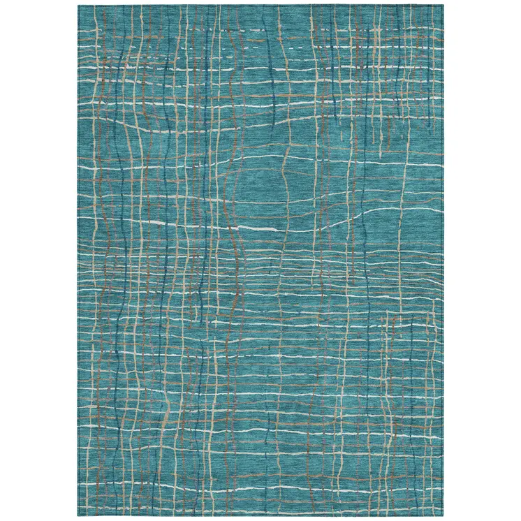 10' X 14' Teal Blue Gray And Brown Striped Washable Indoor Outdoor Area Rug