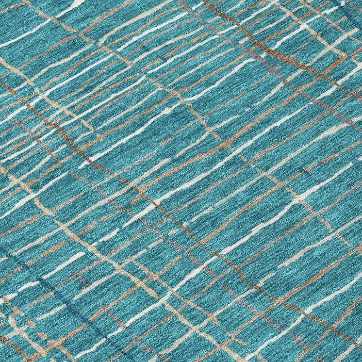10' X 14' Teal Blue Gray And Brown Striped Washable Indoor Outdoor Area Rug