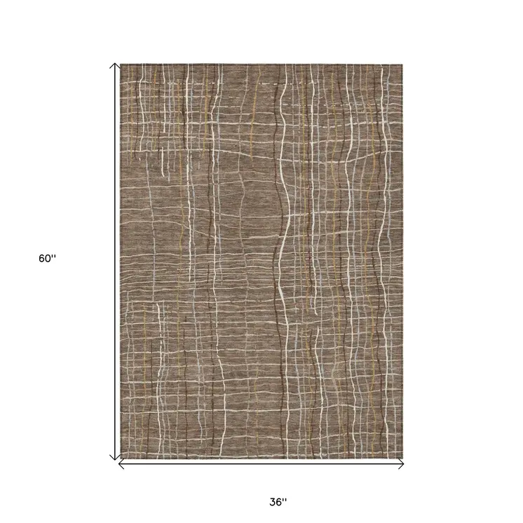 3' X 5' Taupe Brown And Ivory Striped Washable Indoor Outdoor Area Rug