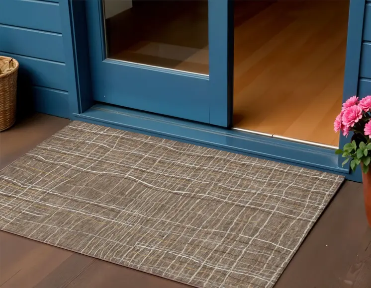 3' X 5' Taupe Brown And Ivory Striped Washable Indoor Outdoor Area Rug