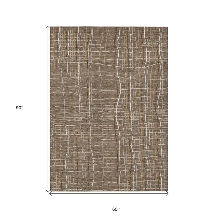 5' X 8' Taupe Brown And Ivory Striped Washable Indoor Outdoor Area Rug