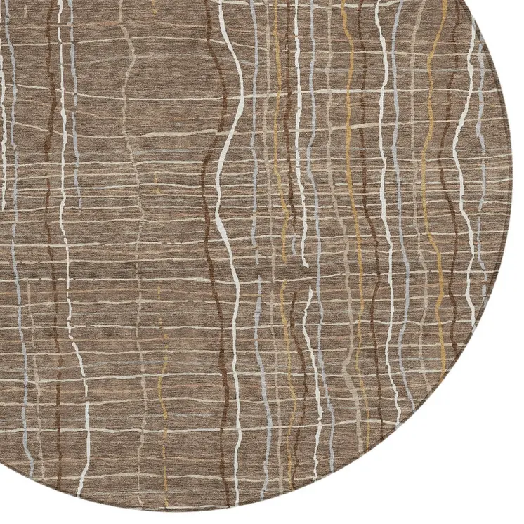 8' Taupe Brown And Ivory Round Striped Washable Indoor Outdoor Area Rug