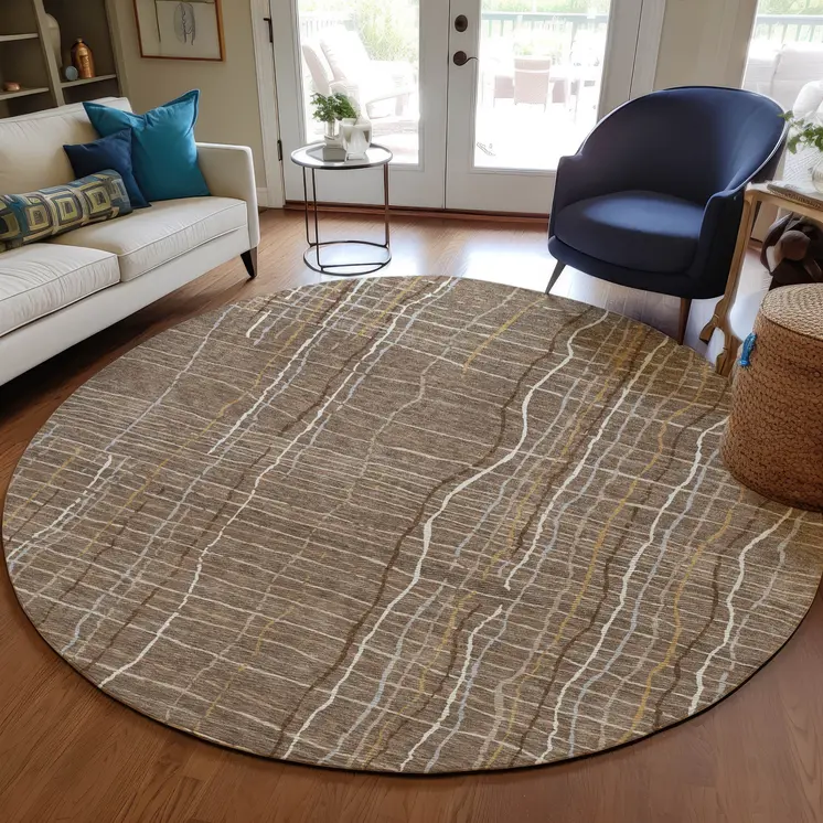 8' Taupe Brown And Ivory Round Striped Washable Indoor Outdoor Area Rug