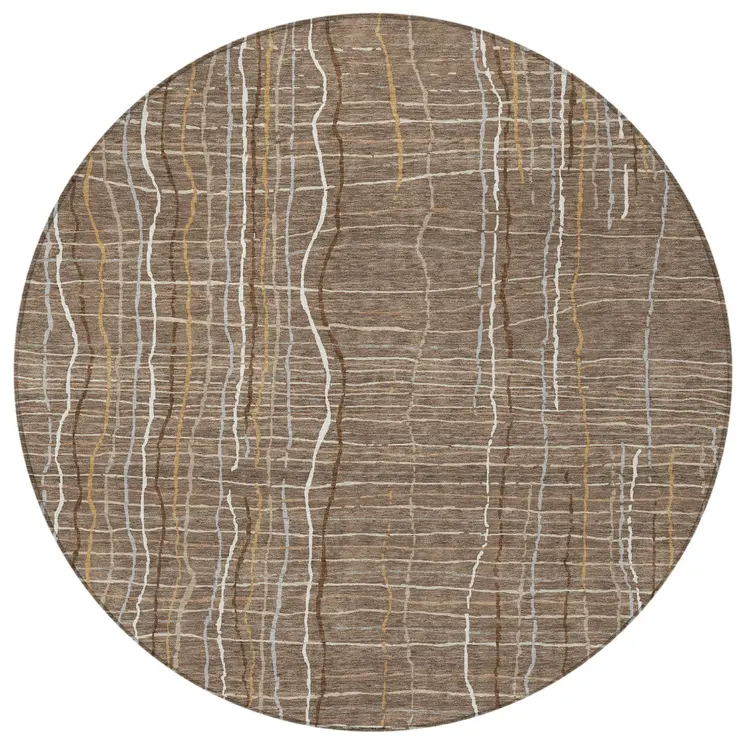 8' Taupe Brown And Ivory Round Striped Washable Indoor Outdoor Area Rug