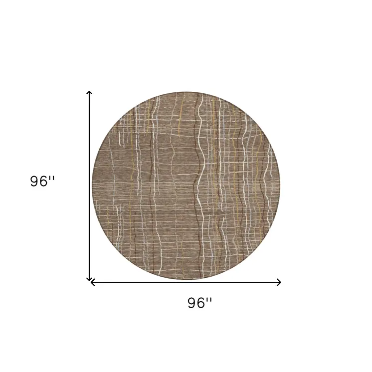 8' Taupe Brown And Ivory Round Striped Washable Indoor Outdoor Area Rug