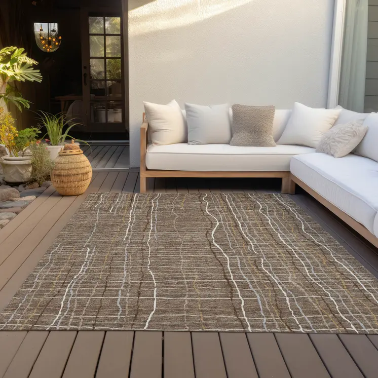 9' X 12' Taupe Brown And Ivory Striped Washable Indoor Outdoor Area Rug