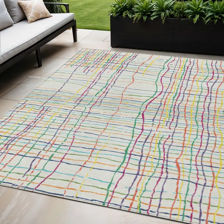 5' X 8' Pink Green And Yellow Striped Washable Indoor Outdoor Area Rug