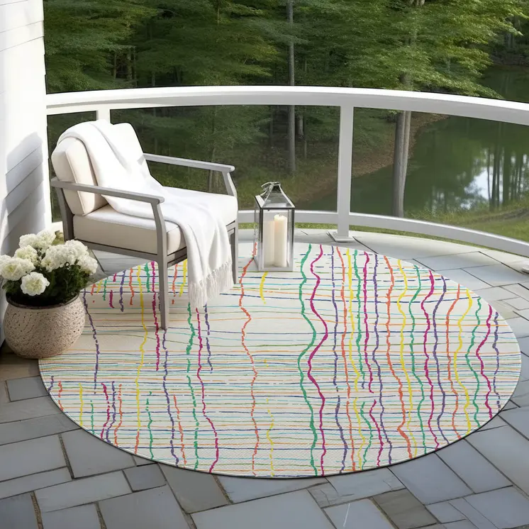 8' Pink Green And Yellow Round Striped Washable Indoor Outdoor Area Rug