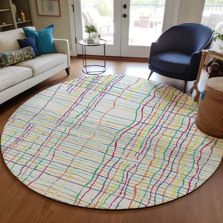 8' Pink Green And Yellow Round Striped Washable Indoor Outdoor Area Rug