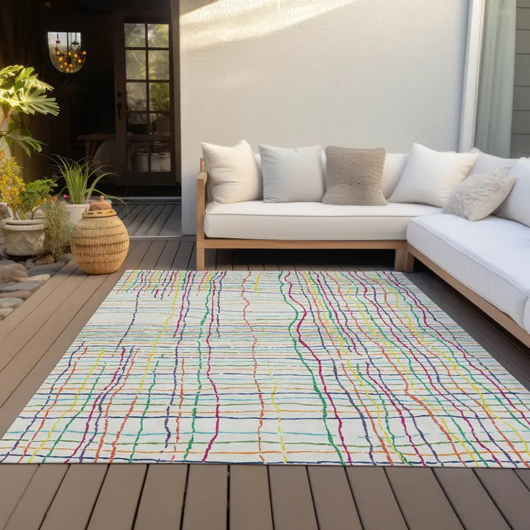 8' X 10' Pink Green And Yellow Striped Washable Indoor Outdoor Area Rug