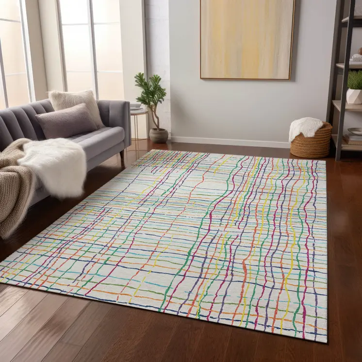 8' X 10' Pink Green And Yellow Striped Washable Indoor Outdoor Area Rug