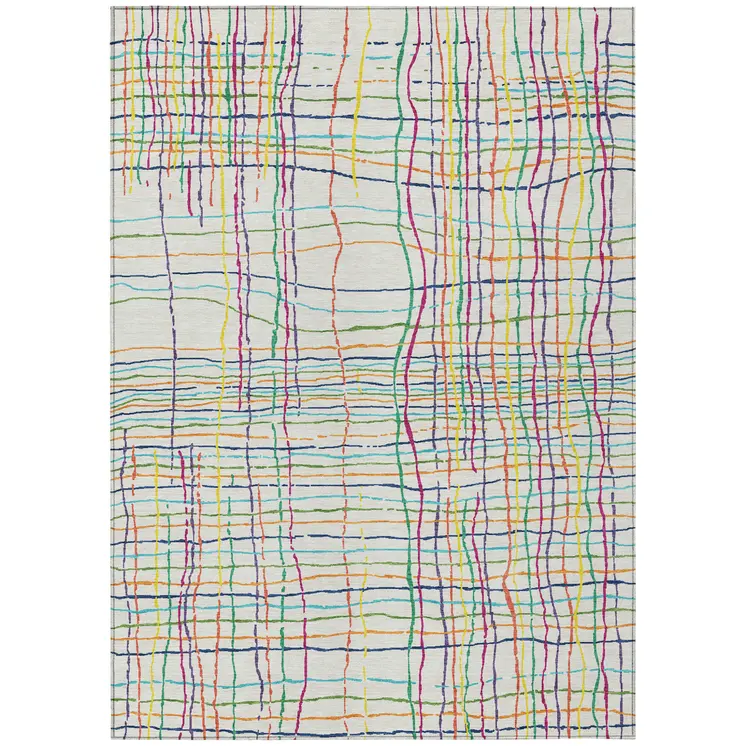 9' X 12' Pink Green And Yellow Striped Washable Indoor Outdoor Area Rug