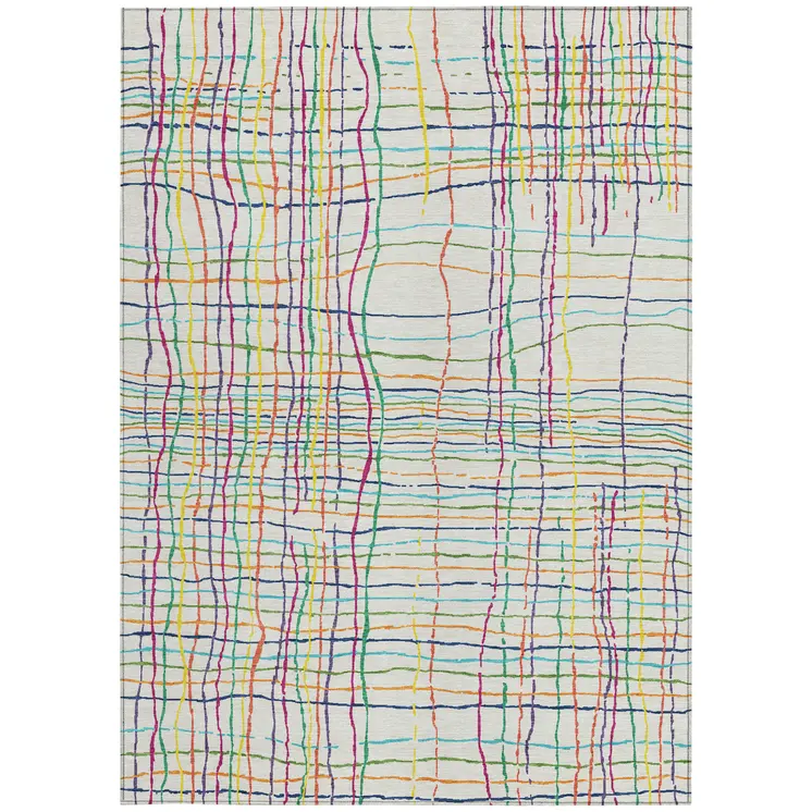10' X 14' Pink Green And Yellow Striped Washable Indoor Outdoor Area Rug