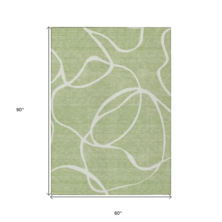 5' X 8' Artichoke Green And Ivory Abstract Washable Indoor Outdoor Area Rug