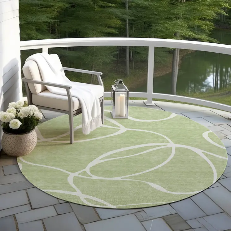 8' Artichoke Green And Ivory Round Abstract Washable Indoor Outdoor Area Rug
