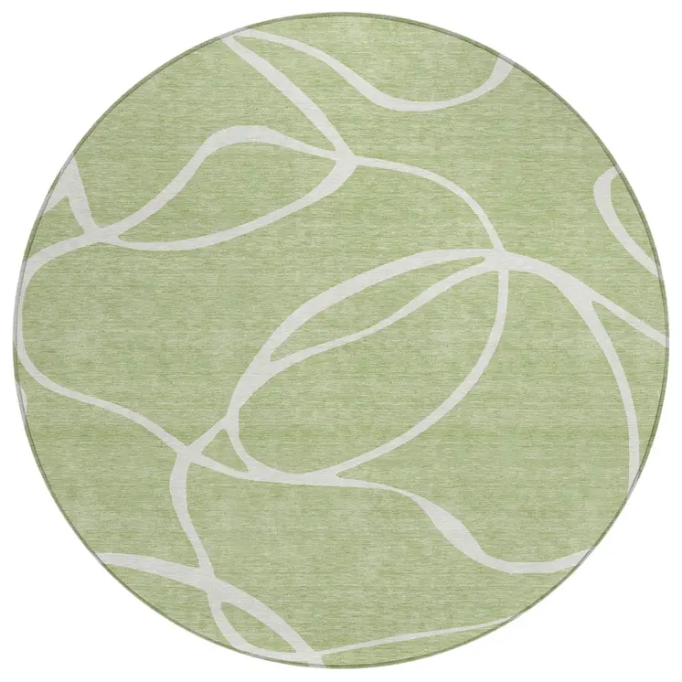 8' Artichoke Green And Ivory Round Abstract Washable Indoor Outdoor Area Rug