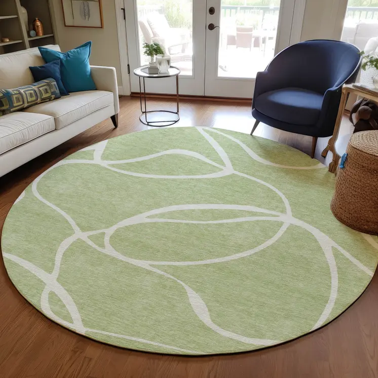 8' Artichoke Green And Ivory Round Abstract Washable Indoor Outdoor Area Rug