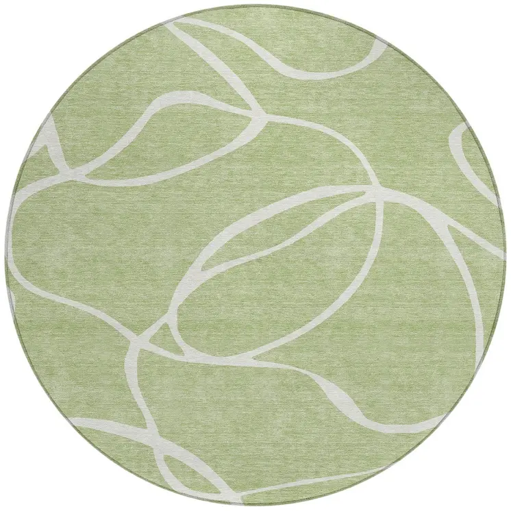 8' Artichoke Green And Ivory Round Abstract Washable Indoor Outdoor Area Rug