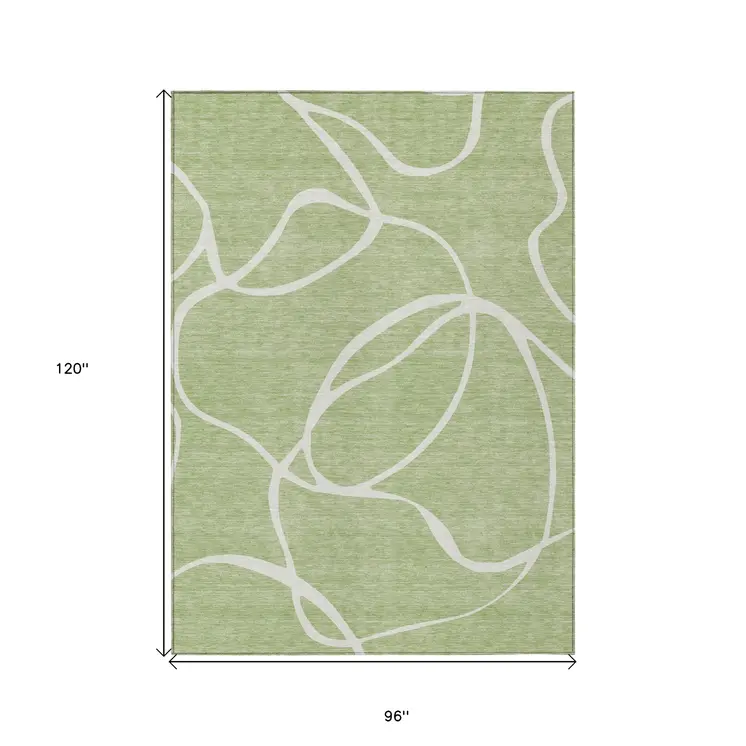 8' X 10' Artichoke Green And Ivory Abstract Washable Indoor Outdoor Area Rug