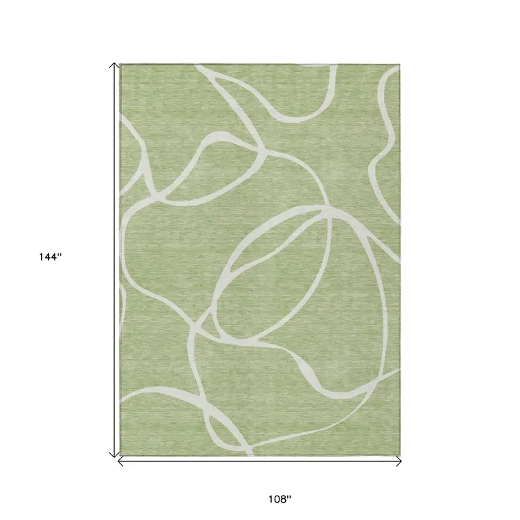9' X 12' Artichoke Green And Ivory Abstract Washable Indoor Outdoor Area Rug