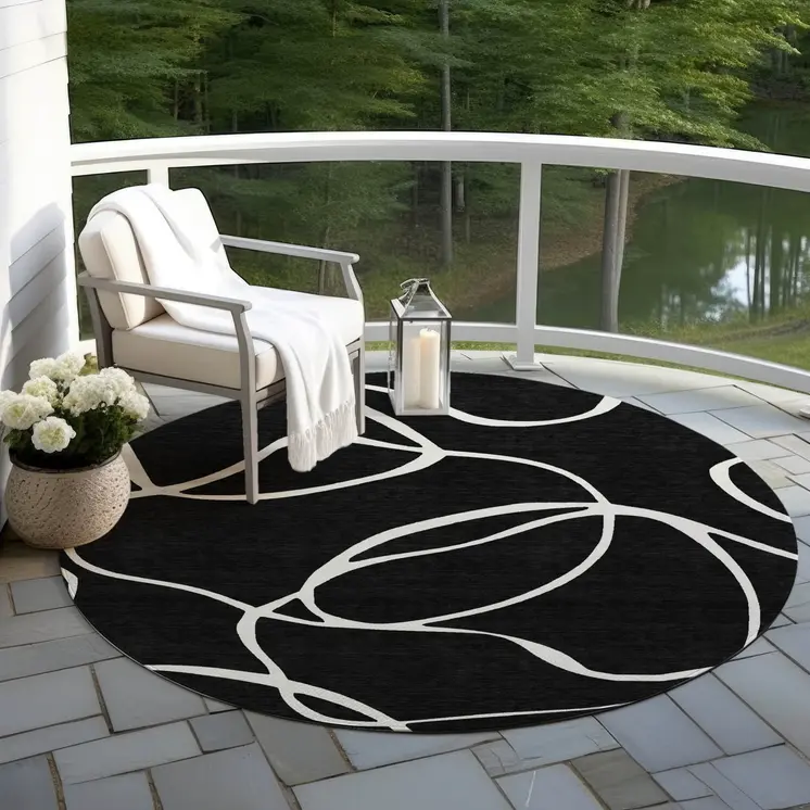 8' Black And Ivory Round Abstract Washable Indoor Outdoor Area Rug