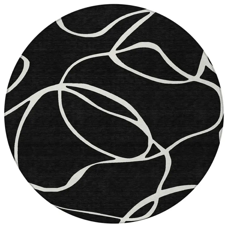 8' Black And Ivory Round Abstract Washable Indoor Outdoor Area Rug