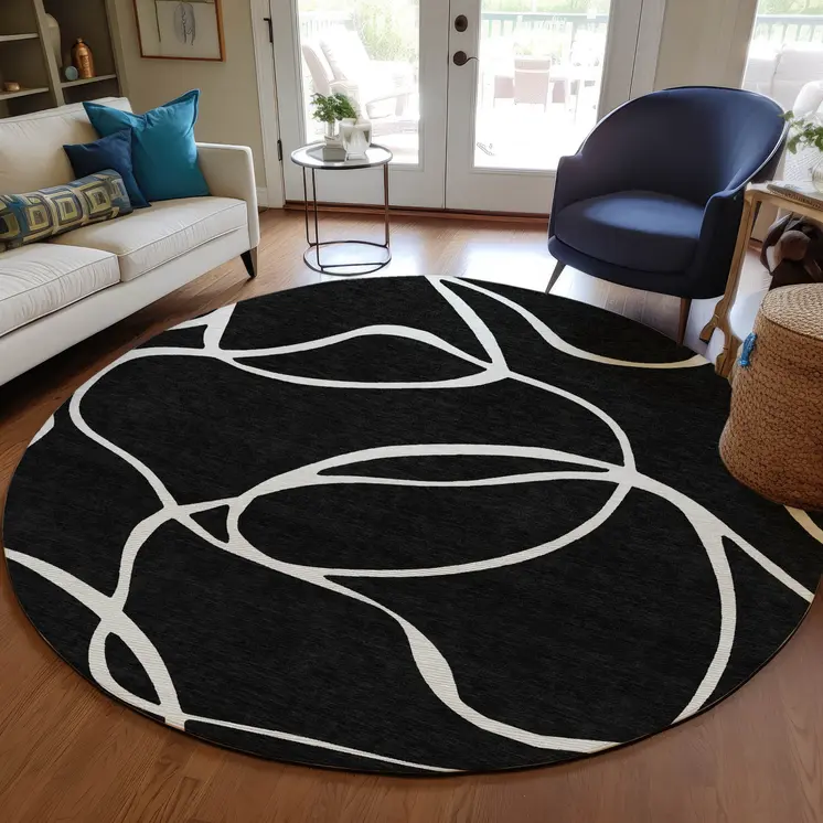 8' Black And Ivory Round Abstract Washable Indoor Outdoor Area Rug