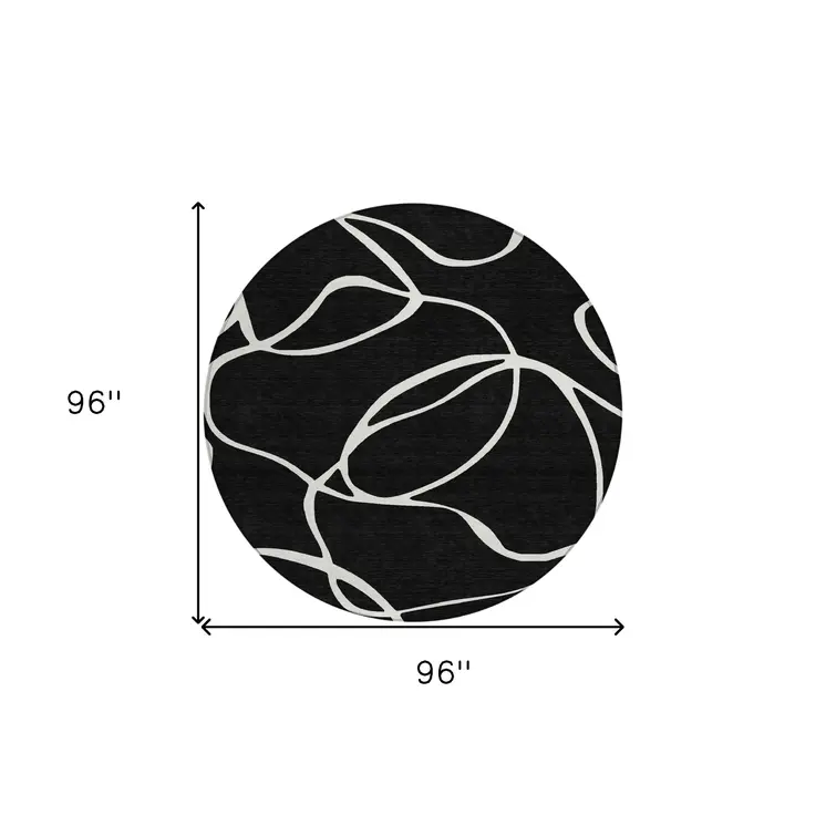 8' Black And Ivory Round Abstract Washable Indoor Outdoor Area Rug