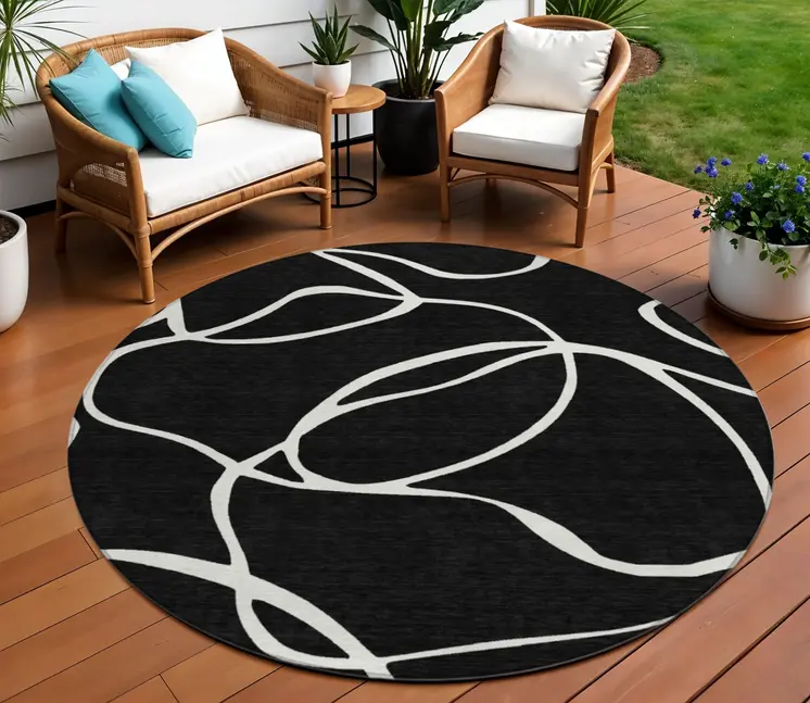 8' Black And Ivory Round Abstract Washable Indoor Outdoor Area Rug
