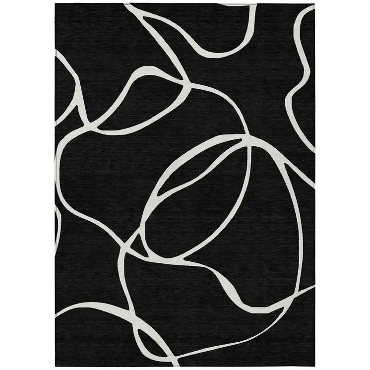 8' X 10' Black And Ivory Abstract Washable Indoor Outdoor Area Rug